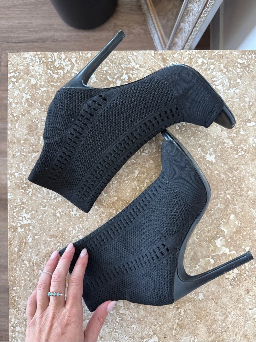 Steve Madden Black Knit Peep-Toe Stiletto Booties